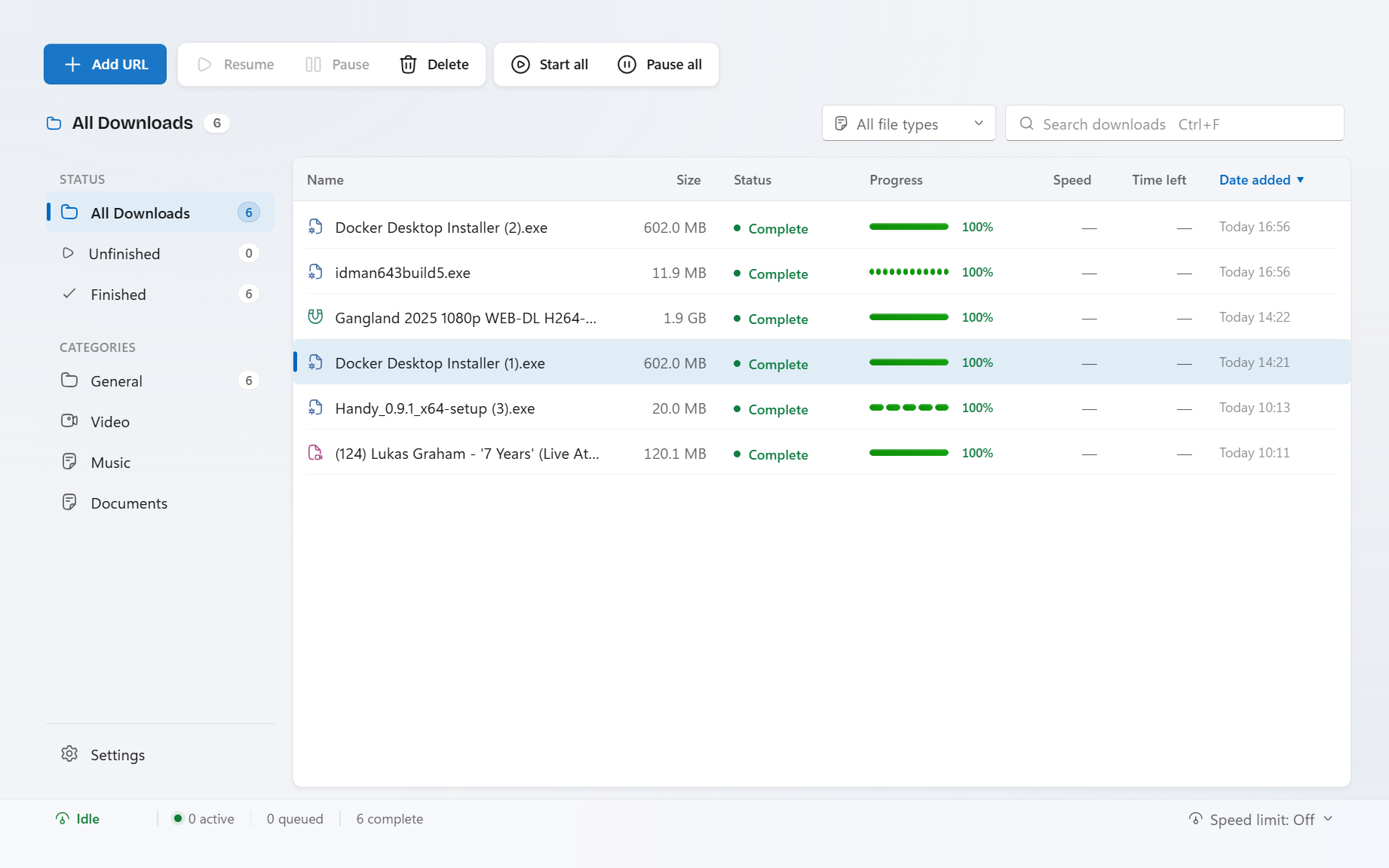 The Rivlet app on Windows — a clean download list with progress, categories and speeds.